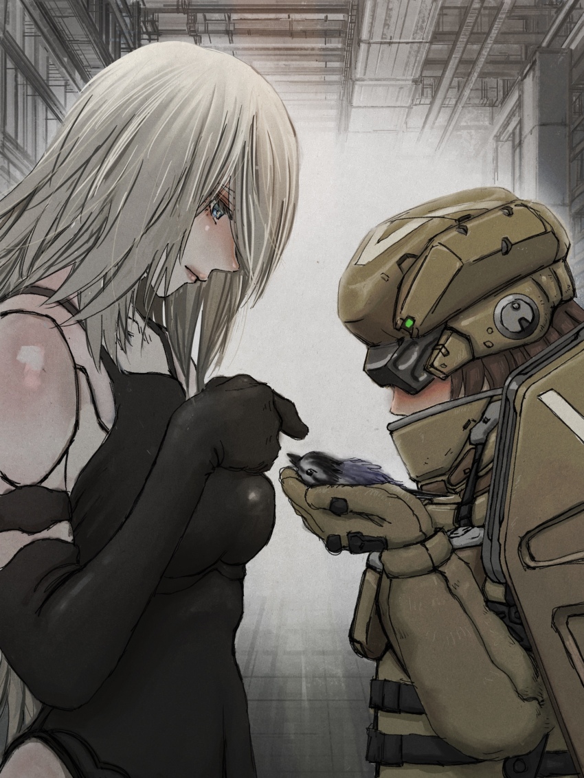 2girls a2_(nier:automata) absurdres animal armor bird blue_eyes blue_hair brown_hair commentary_request cyborg goddess_of_victory:_nikke hallway helmet highres indoors medium_hair mero_(ilsttkgbz11) multiple_girls nier:automata nier_(series) offering_hand robot_girl tagme white_hair