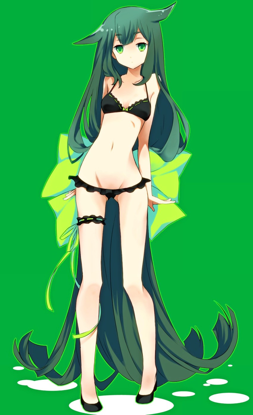 10s 1girl absurdly_long_hair bikini black_bikini bridal_garter frilled_bikini frills full_body gatchaman gatchaman_crowds green_background green_eyes green_hair highres long_hair lowleg lowleg_panties matching_hair/eyes miya_utsutsu navel no_socks panties solo standing swimsuit tatsunoko_production tsukasa_kinako underwear very_long_hair