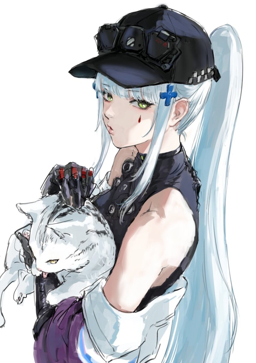 1girl animal baseball_cap black_hat blue_hair blunt_bangs cat commentary cross_hair_ornament facial_mark girls&#039;_frontline girls&#039;_frontline_2:_exilium gloves green_eyes hair_ornament hat highres hk416_(girls&#039;_frontline) holding holding_animal holding_cat jacket klukai_(girls&#039;_frontline_2) lips long_hair looking_at_viewer multicolored_jacket non-web_source off_shoulder osakana_(denpa_yun&#039;yun) petting ponytail puckered_lips purple_jacket sidelocks simple_background solo symbol-only_commentary tattoo teardrop teardrop_facial_mark teardrop_tattoo two-tone_jacket upper_body very_long_hair white_background white_cat white_hair white_jacket