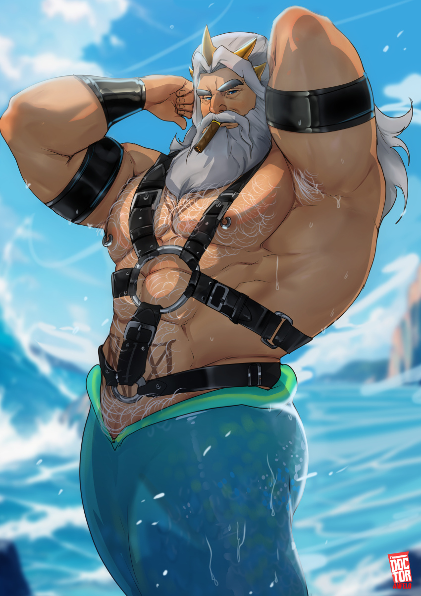 1boy 2024 absurdres arm_hair bara beard blue_eyes blurry blurry_background body_hair broad_shoulders chest_hair chest_tattoo clear_sky crown day disney doctor_anfelo facial_hair fins fish_tail grey_beard grey_hair highres king_triton_(disney) leather leather_strap long_beard long_hair merman monster_boy muscular muscular_male mustache ocean old old_man signature sky tail tattoo the_little_mermaid thick_mustache very_long_beard