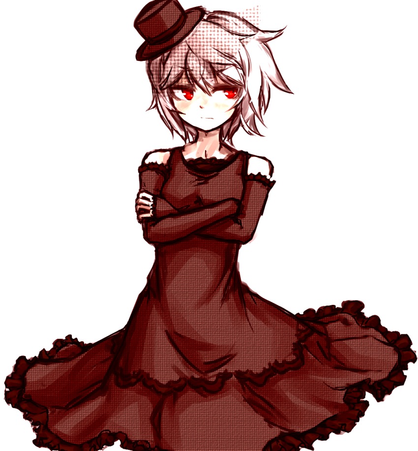 .flow 1girl bare_shoulders blush crossed_arms detached_sleeves dress female_focus hat highres kumauwo looking_away mini_hat mini_top_hat red_eyes sabitsuki short_hair simple_background skirt sleeves_past_wrists solo top_hat white_background white_hair