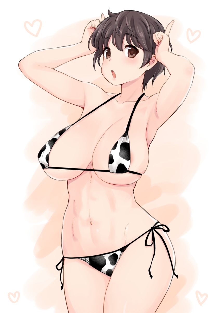 1girl animal_print bikini breasts brown_eyes brown_hair collarbone cow_print cow_print_bikini cowboy_shot heart highres hijiri_tsukasa horns_pose idolmaster idolmaster_cinderella_girls large_breasts looking_at_viewer micro_bikini navel oikawa_shizuku open_mouth orange_background print_bikini short_hair side-tie_bikini_bottom solo standing stomach swimsuit two-tone_background white_background