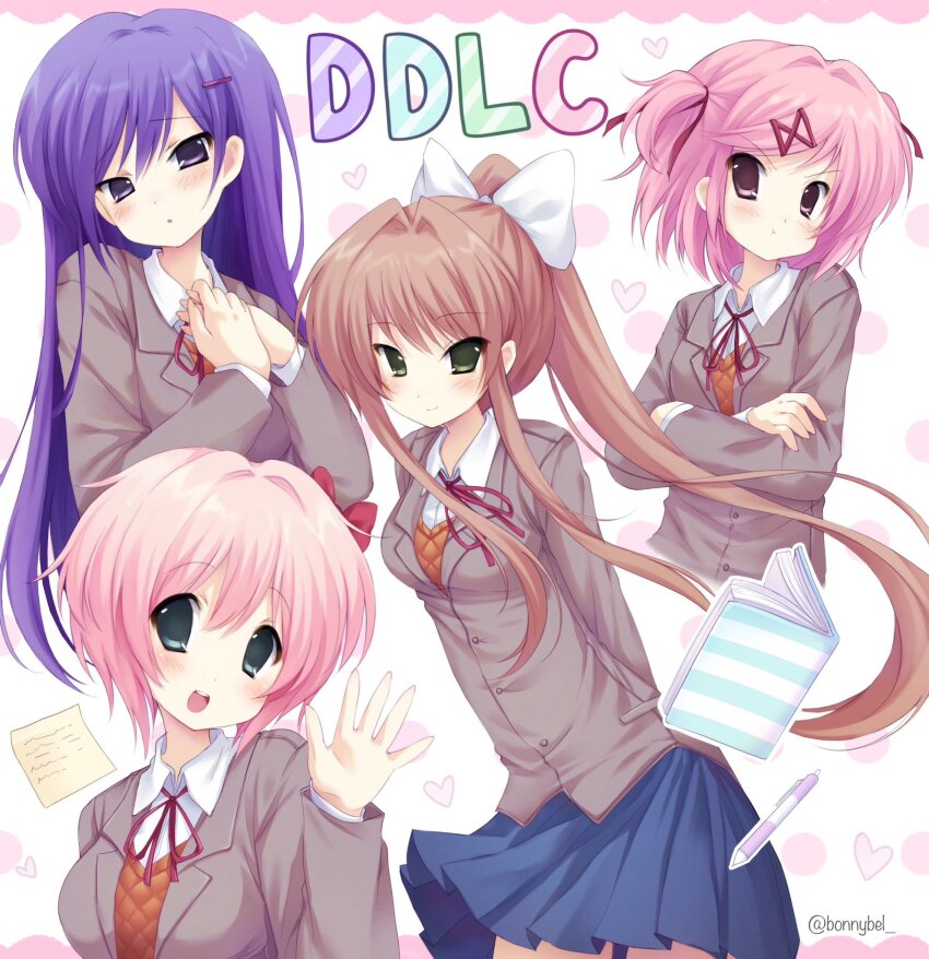 2000s_(style) animal-themed_food blazer blue_skirt blush bow brown_jacket brown_sweater_vest doki_doki_literature_club glitch green_eyes grey_jacket hair_bow hair_ornament hair_ribbon hairclip highres jacket jelly_(bonnybel) long_hair looking_at_viewer monika_(doki_doki_literature_club) natsuki_(doki_doki_literature_club) neck_ribbon orange_vest pink_eyes pink_hair ponytail purple_hair ribbon sayori_(doki_doki_literature_club) school_uniform shirt short_hair skirt smile sweater_vest two_side_up vest white_bow white_ribbon yuri_(doki_doki_literature_club)