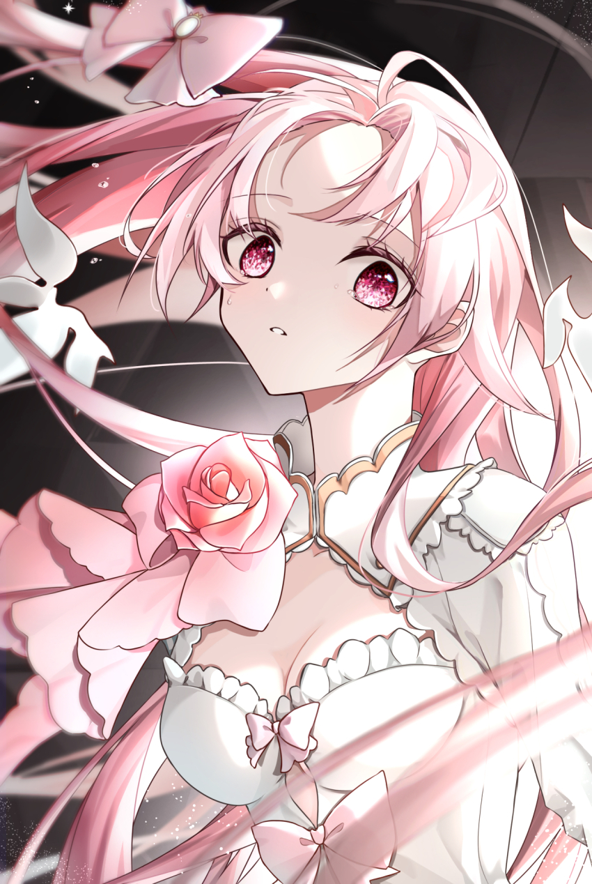 1girl arcaea bow breasts cleavage dress flipped_hair floating_hair flower highres hikari_(arcaea) hikari_(fatalis)_(arcaea) long_sleeves medium_breasts pink_bow pink_eyes pink_flower pink_hair pink_rose rose sidelocks solo tears user_fpaf7325 white_dress wide_sleeves