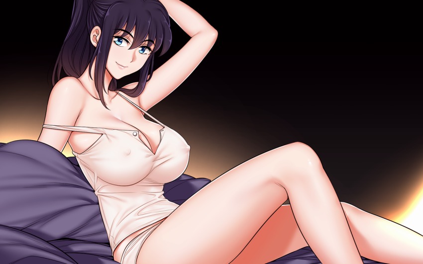 1girl bare_shoulders black_hair blue_eyes breasts camisole cleavage covered_erect_nipples female_focus hair_between_eyes large_breasts legs long_hair looking_at_viewer original panties ponytail rannero sitting smile solo strap_slip underwear white_panties