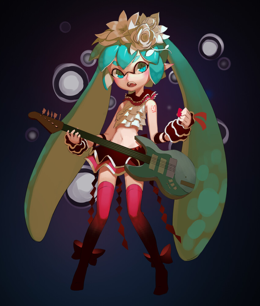 1girl absurdres aqua_eyes aqua_hair bare_shoulders bass_guitar bow check_instrument cropped_shirt detached_sleeves electric_guitar flower footwear_bow frilled_shirt frills full_body green_hair guitar hair_flower hair_ornament hatsune_miku hatsune_miku_(bless_you) highres holding holding_bass_guitar holding_guitar holding_instrument holding_plectrum inkling inkling_girl inkling_player_character instrument layered_skirt long_hair looking_at_viewer midriff miniskirt navel nintendo open_mouth plectrum pointy_ears red_bow red_thighhighs shirt skirt sleeveless sleeveless_shirt solo splatoon_(series) standing thighhighs topdylan twintails very_long_hair vocaloid white_flower white_shirt zettai_ryouiki