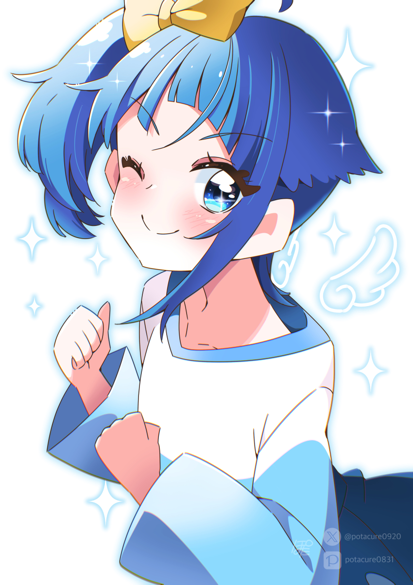 1girl ahoge blue_eyes blue_hair blue_skirt blush bow closed_mouth hair_bow hirogaru_sky!_precure long_sleeves medium_hair one_eye_closed pixiv_username pota_(potacure1011) precure side_ponytail signature single_sidelock skirt smile solo sora_harewataru sparkle_background twitter_username two-tone_shirt yellow_bow