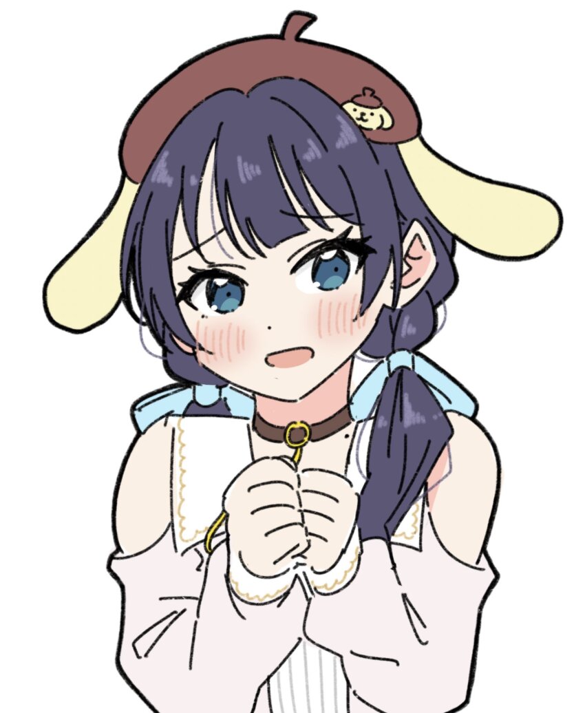 1girl :d animal_hat beret blue_eyes blue_hair blue_ribbon blush brown_hat character_print clenched_hands clothing_cutout commentary dark_blue_hair dog_hat dream_believers dress hair_ribbon hat highres layered_dress link!_like!_love_live! llkapital long_hair looking_at_viewer love_live! low_twintails mole mole_on_neck murano_sayaka official_alternate_costume open_mouth pink_dress pompompurin ribbon sanrio shoulder_cutout simple_background smile solo twintails upper_body virtual_youtuber w_arms white_background white_dress