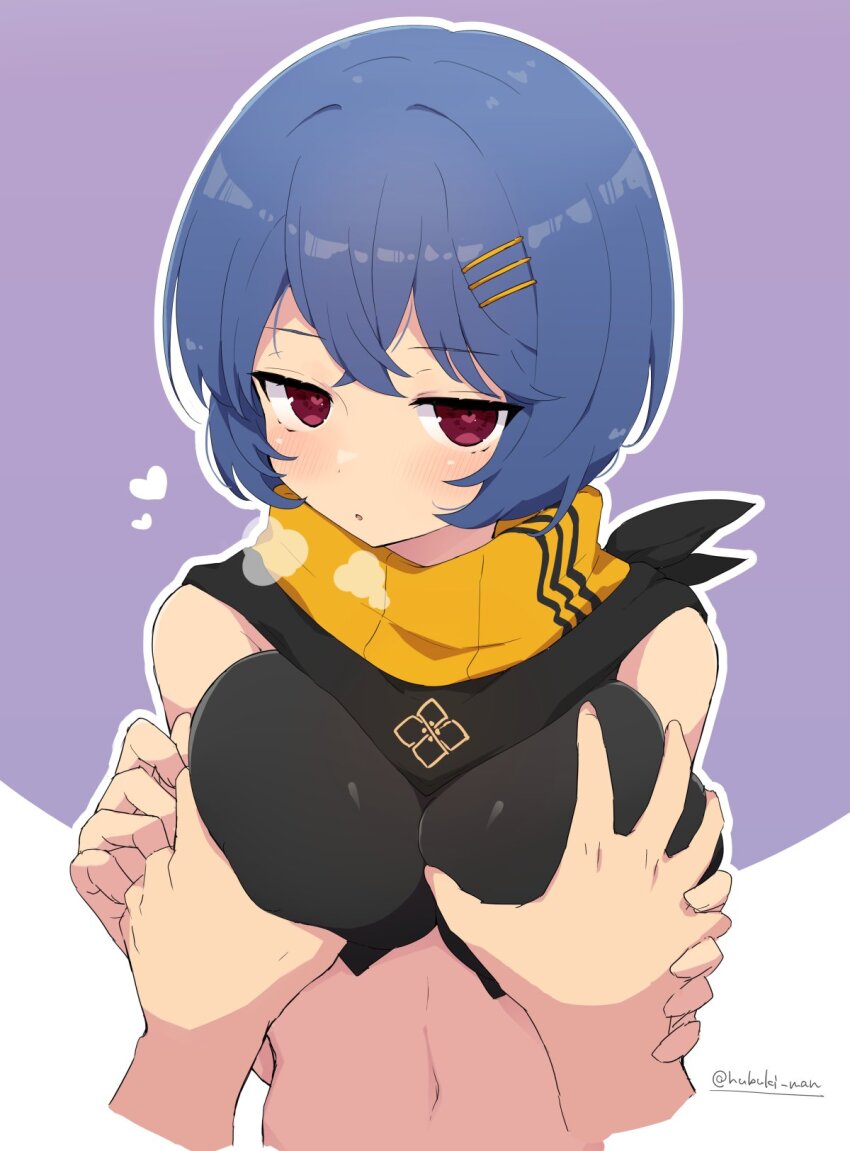 1boy 1girl amane_(senran_kagura) blue_hair breasts breath grabbing_another&#039;s_breast groping hair_ornament hairclip heart heart-shaped_pupils highres kuzukiriko large_breasts looking_at_viewer navel pov pov_hands red_eyes senran_kagura senran_kagura_new_link symbol-shaped_pupils