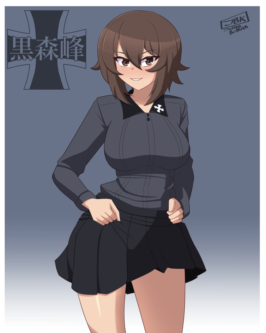 absurdres artist_name black_collar black_skirt breasts brown_eyes clenched_hands clenched_teeth collar cross dress_shirt emblem girls_und_panzer gradient_background grey_shirt hands_on_own_hips highres insignia julian_belkan kuromorimine_(emblem) kuromorimine_school_uniform large_breasts looking_at_viewer miniskirt nishizumi_maho school_uniform shirt short_hair skirt smile teeth thick_thighs thighs wing_collar