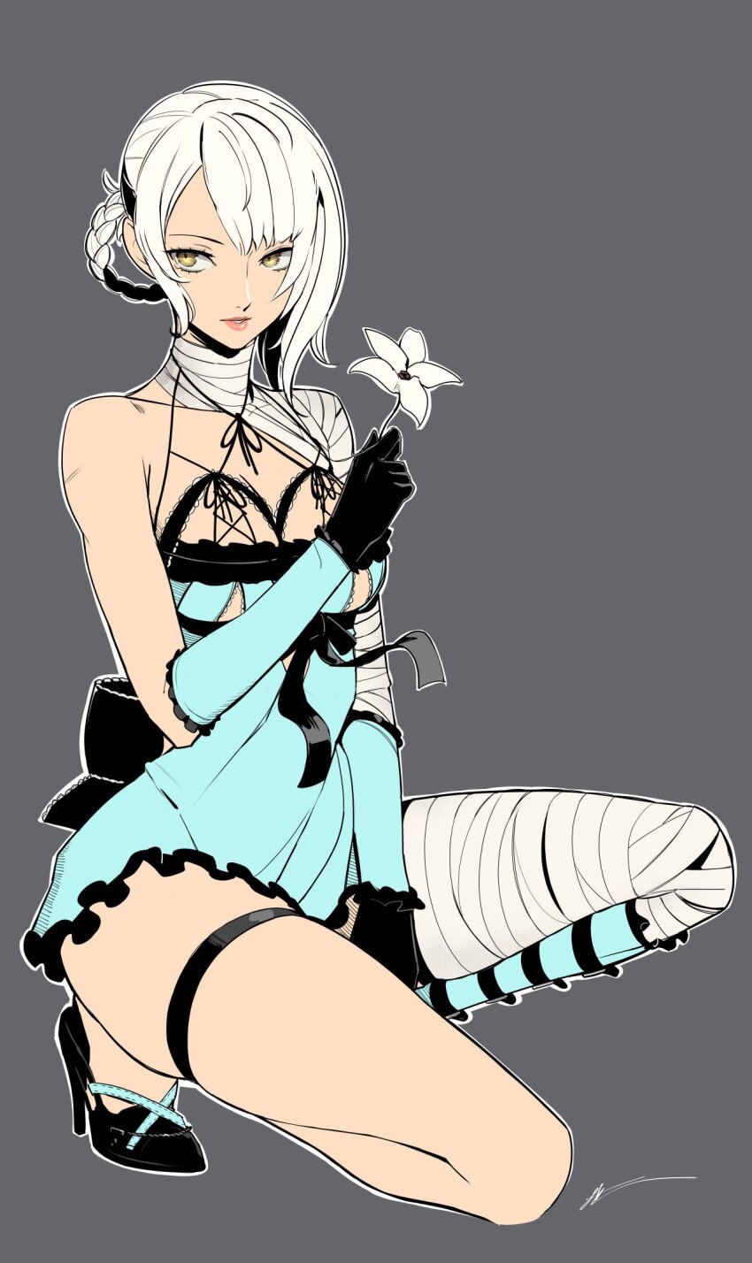 1girl aqua_dress asymmetrical_hair back_bow bandaged_arm bandaged_leg bandaged_neck bandages black_footwear black_gloves blue_gloves blue_negligee bow breasts cleavage dress eightyfourart flower full_body gloves grey_background hair_rings highres holding holding_flower kaine_(nier) large_breasts nier nier_(series) on_one_knee pump short_dress signature single_bare_shoulder solo updo white_flower white_hair yellow_eyes