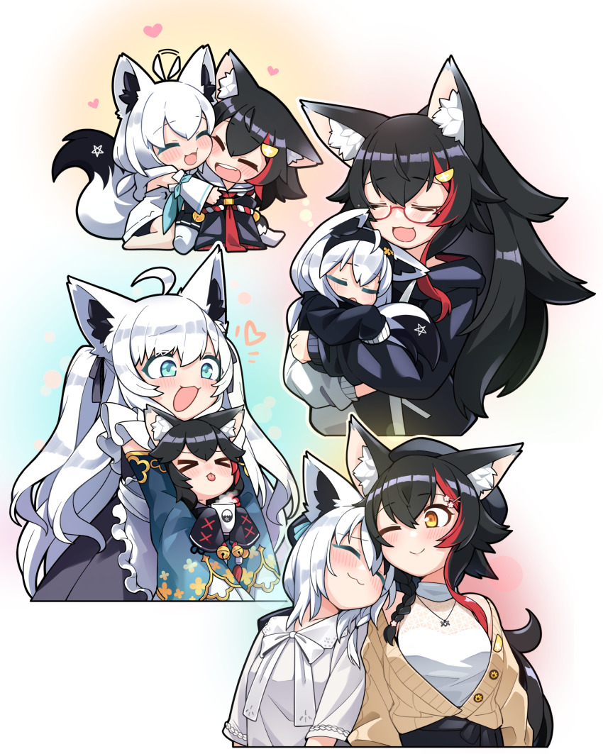 &gt;_&lt; 2girls :d absurdres ahoge animal_ear_fluff animal_ears aqua_eyes black_hair black_hoodie blush braid chibi closed_eyes commentary_request fox_ears fox_girl glasses heart highres hololive hood hoodie hug jb_jagbung jewelry leaning_on_person long_hair multicolored_hair multiple_girls multiple_views necklace one_eye_closed ookami_mio ookami_mio_(1st_costume) ookami_mio_(street) open_mouth orange_eyes pentagram red_hair shirakami_fubuki shirakami_fubuki_(1st_costume) shirakami_fubuki_(street) simple_background single_braid smile streaked_hair tail virtual_youtuber white_hair wolf_ears wolf_girl