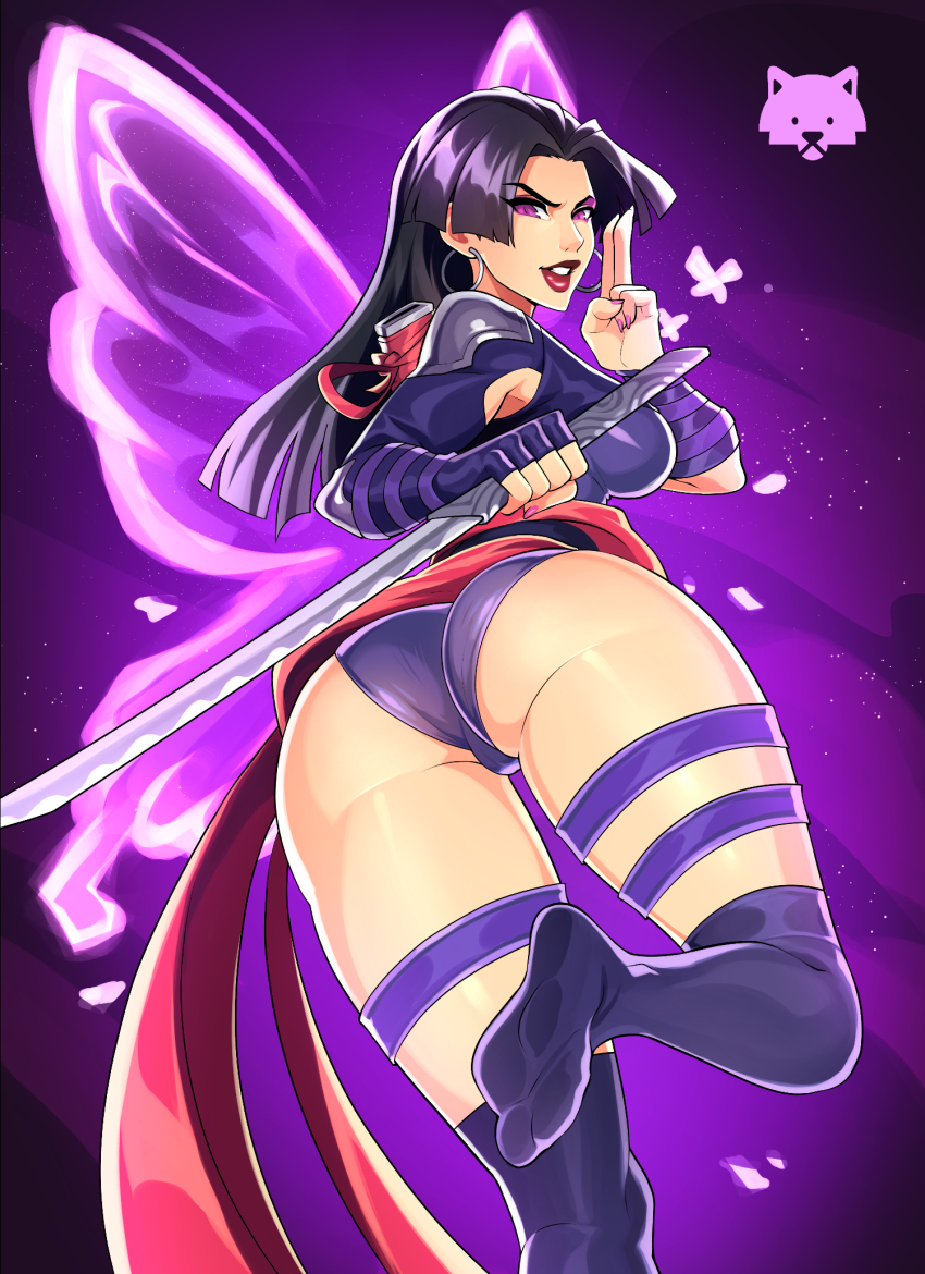 1girl ass black_hair breasts butterfly_wings highres holding holding_sword holding_weapon insect_wings josephwolf katana kneehighs large_breasts leotard long_hair looking_at_viewer looking_back marvel marvel_rivals psylocke purple_eyes purple_leotard purple_socks red_sash reverse_grip sash socks solo sword waist_sash weapon wings x-men