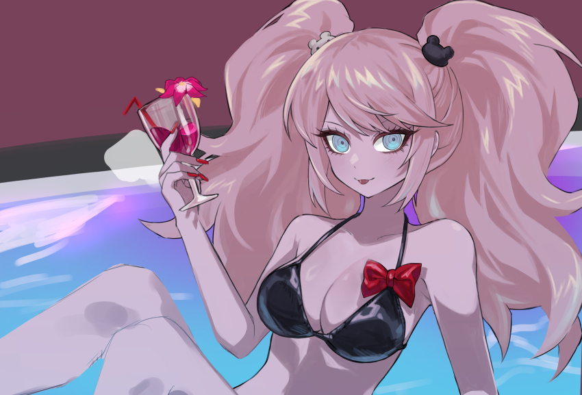 1girl :p bear_hair_ornament big_hair bikini black_bikini blonde_hair blue_eyes blush bow breasts cleavage collarbone commentary cup danganronpa_(series) danganronpa_s:_ultimate_summer_camp enoshima_junko eyelashes glass hair_ornament highres holding holding_cup hy_(fjvlg) in_water large_breasts pool red_bow sexually_suggestive shiny_clothes smile swimsuit symbol-only_commentary tongue tongue_out twintails unfinished water