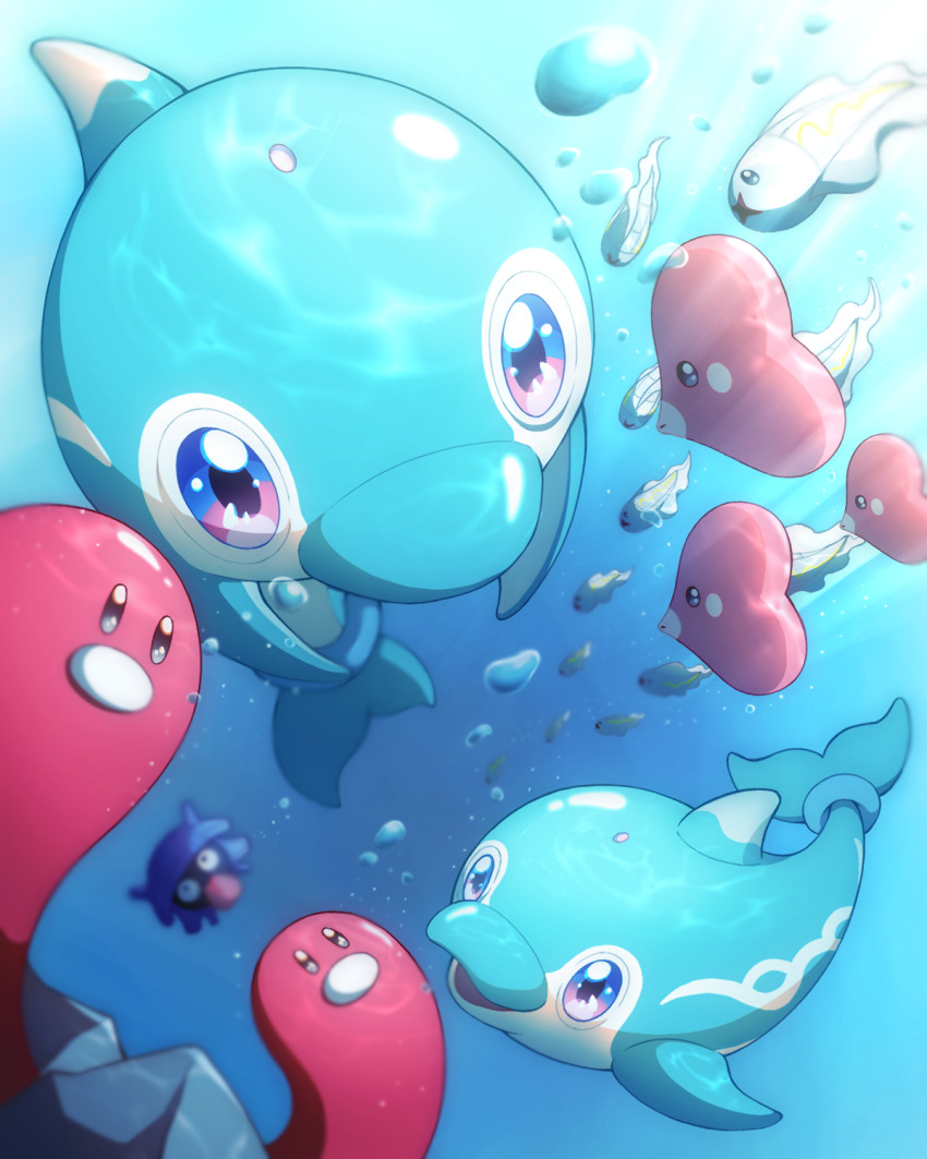 air_bubble animal_focus blue_eyes blurry bubble commentary creatures_(company) finizen game_freak gen_1_pokemon gen_3_pokemon gen_5_pokemon highres looking_up luvdisc monaka_(hc_pkmn) nintendo no_humans open_mouth pokemon pokemon_(creature) shellder symbol-only_commentary tynamo underwater wugtrio