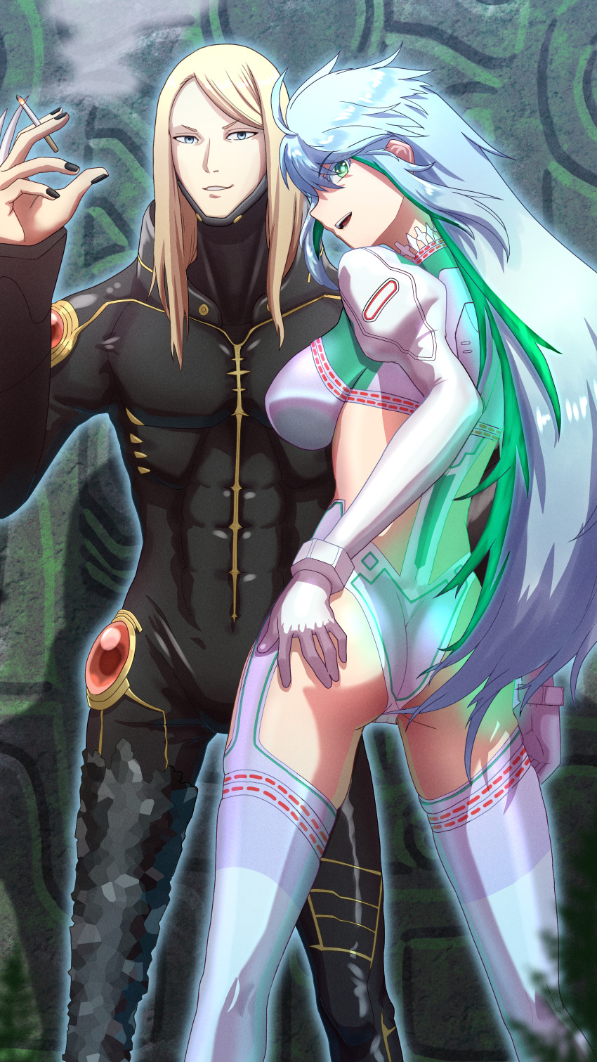 1boy 1girl absurdres ass black_bodysuit black_nails blonde_hair blue_eyes bodysuit breasts cigarette colored_inner_hair fate/grand_order fate_(series) gloves green_eyes green_hair grey_hair highres holding holding_cigarette kukulkan_(fate) kukulkan_(second_ascension)_(fate) large_breasts long_hair multicolored_hair noa0000 tezcatlipoca_(fate) tezcatlipoca_(second_ascension)_(fate) thighhighs