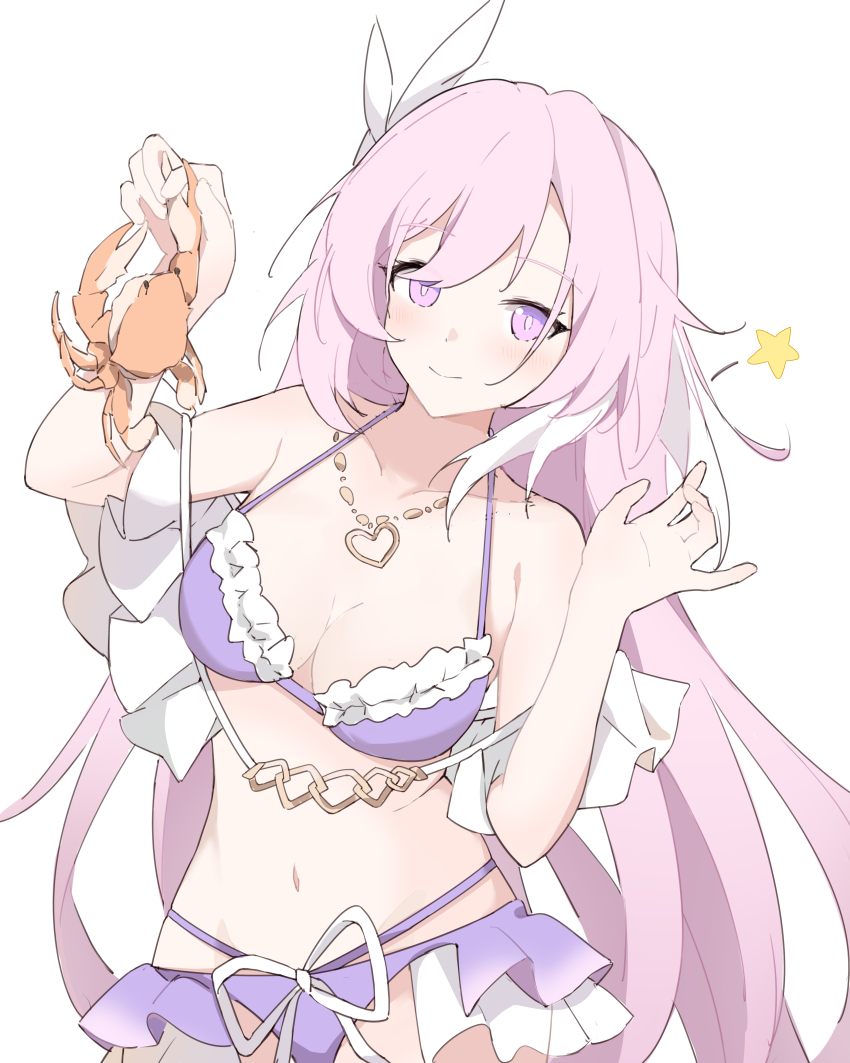 1girl absurdres bikini breasts chinese_commentary commentary_request crab elf elysia_(herrscher_of_human:_ego)_(honkai_impact) elysia_(honkai_impact) elysia_(summer_2023)_(honkai_impact) hair_ornament hand_up highres honkai_(series) honkai_impact_3rd jewelry large_breasts liliya_qiaokuoai long_hair navel necklace official_alternate_costume pink_eyes pink_hair pointy_ears purple_bikini solo swimsuit white_background