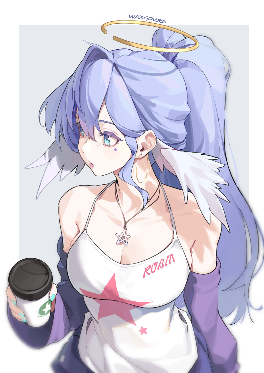 1girl absurdres alternate_costume alternate_hairstyle aqua_eyes aqua_nails bare_shoulders blue_hair breasts camisole character_name cleavage clothes_writing colored_eyelashes cup detached_sleeves disposable_coffee_cup disposable_cup halo head_wings highres holding holding_cup honkai:_star_rail honkai_(series) long_sleeves medium_breasts ponytail robin_(honkai:_star_rail) sidelocks solo spaghetti_strap star_(symbol) star_pendant star_print upper_body waxgourd wings