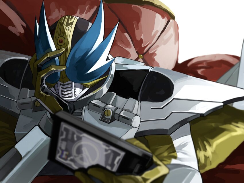 1boy armor bodysuit couch hand_on_own_cheek hand_on_own_face hand_over_face helmet highres kamen_rider kamen_rider_den-o kamen_rider_den-o_(series) lying male_focus mask masked masked_male momokan_0814 on_stomach sieg white_armor wings yellow_bodysuit