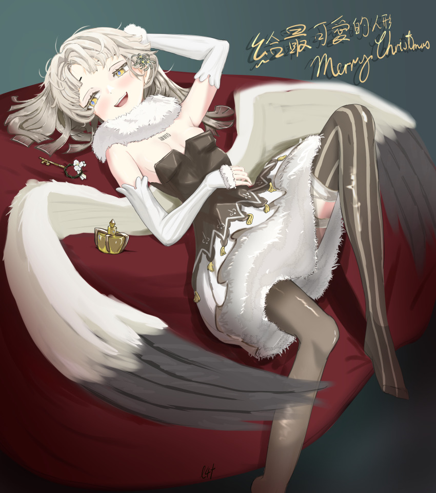 1girl :3 absurdres asymmetrical_legwear barcode barcode_tattoo black_dress blue_pupils blush bottle breasts breasts_apart chinese_commentary commentary_request detached_sleeves dress erma_(girls&#039;_frontline) feathered_wings forehead fur-trimmed_dress fur_trim girls&#039;_frontline grey_hair highres jitome key knee_up lotan lying medium_hair merry_christmas on_back open_mouth perfume_bottle small_breasts smile solo tattoo teeth thighhighs upper_teeth_only wings yellow_eyes