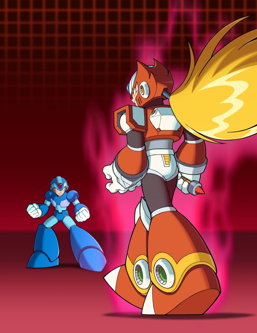 2boys absurdres armor blonde_hair blue_armor blue_helmet clenched_hands diegodoodles dragon_ball dragonball_z forehead_jewel helmet highres holding holding_sword holding_weapon long_hair male_focus mega_man_(series) mega_man_x5 mega_man_x_(series) multiple_boys ponytail red_armor red_background red_helmet scene_reference simple_background standing sword walking weapon x_(mega_man) z_saber zero_(mega_man)