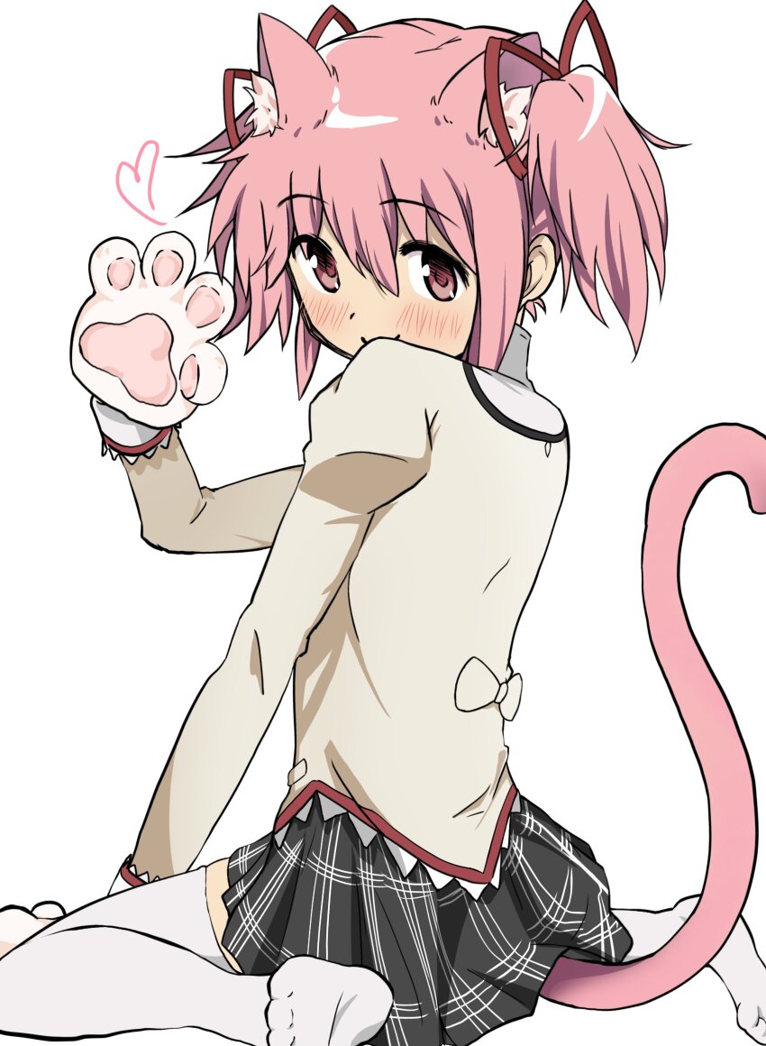 1girl absurdres animal_ears animal_hands back_bow bow cat_ears cat_girl cat_tail from_behind gloves hair_ribbon hand_up heart highres kaname_madoka looking_at_viewer looking_back mahou_shoujo_madoka_magica mitakihara_school_uniform paw_gloves pink_eyes pink_hair pink_tail ribbon school_uniform short_twintails sitting smile socks solo tail twintails ukag_mdmg wariza waving white_background white_socks