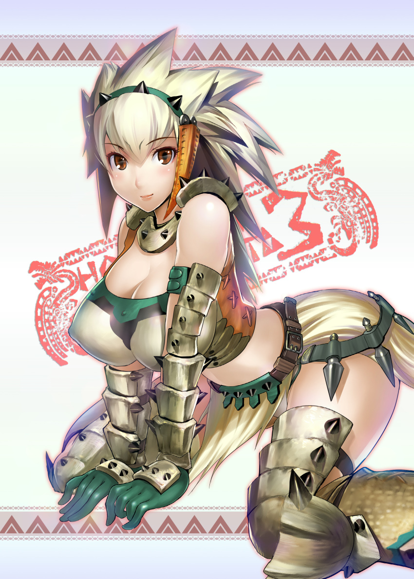 1girl absurdres armor barioth_(armor) breasts capcom cleavage covered_erect_nipples female_focus gloves hairband highres kneeling large_breasts looking_at_viewer momose_hisashi monster_hunter monster_hunter_(series) monster_hunter_3 solo