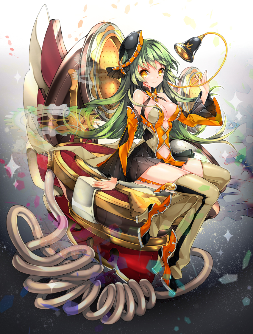 1girl ankle_boots bare_shoulders boots breasts cleavage detached_sleeves disembodied_head full_body garter_straps gears gradient_background green_hair hat high_heels highres juna large_breasts long_hair looking_at_viewer military military_uniform naval_uniform navel original pleated_skirt shower_head sitting skirt smile sparkle thighhighs thighs throne yellow_eyes