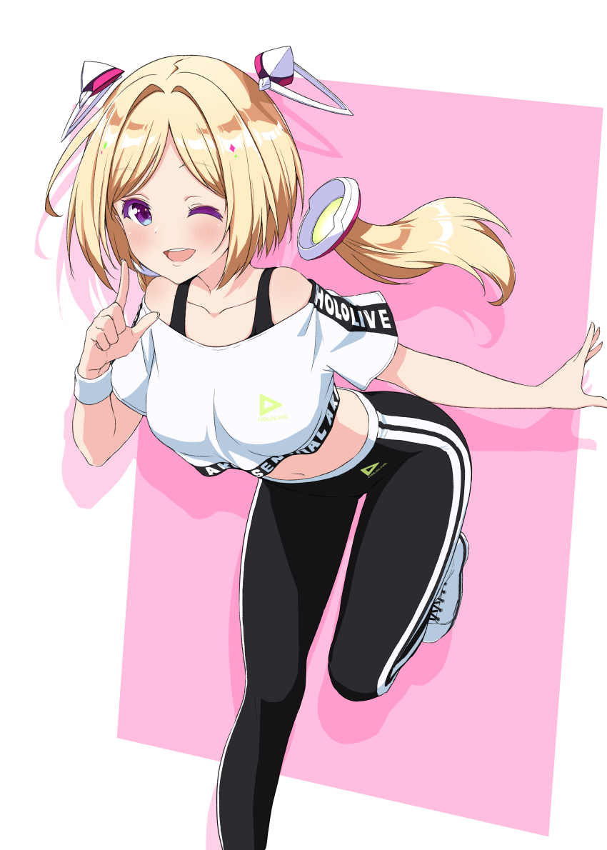 1girl ;d absurdres aki_rosenthal asanaya bent_over blonde_hair blush bob_cut character_name copyright_name crop_top detached_hair dot_nose drop_shadow eyelashes hand_up highres hololive hololive_dance_practice_uniform index_finger_raised leg_up legs_folded long_hair looking_at_viewer low_twintails midriff navel off-shoulder_shirt off_shoulder official_alternate_costume one_eye_closed open_mouth pants parted_bangs pink_background purple_eyes shirt shoes short_hair smile sneakers solo standing standing_on_one_leg sweatband teeth track_pants twintails upper_teeth_only virtual_youtuber white_background white_footwear white_shirt wristband