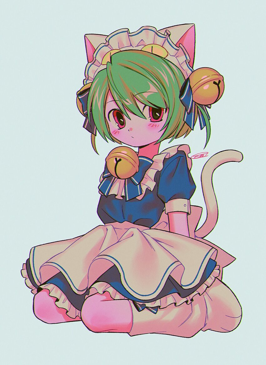 1girl :/ animal_ears animal_hat apron back_bow bell blue_background blue_bow blue_bowtie blush bow bowtie cat_ears cat_hat cat_tail chromatic_aberration closed_mouth commentary_request dejiko di_gi_charat full_body green_hair hair_bell hair_bow hair_ornament hat highres jingle_bell maid maid_apron maid_headdress menma_(enaic31) neck_bell official_alternate_eye_color official_alternate_hairstyle paw_shoes puffy_short_sleeves puffy_sleeves red_eyes seiza short_hair short_sleeves signature simple_background sitting solo swept_bangs tail two_side_up white_apron white_bow white_footwear white_hat white_tail