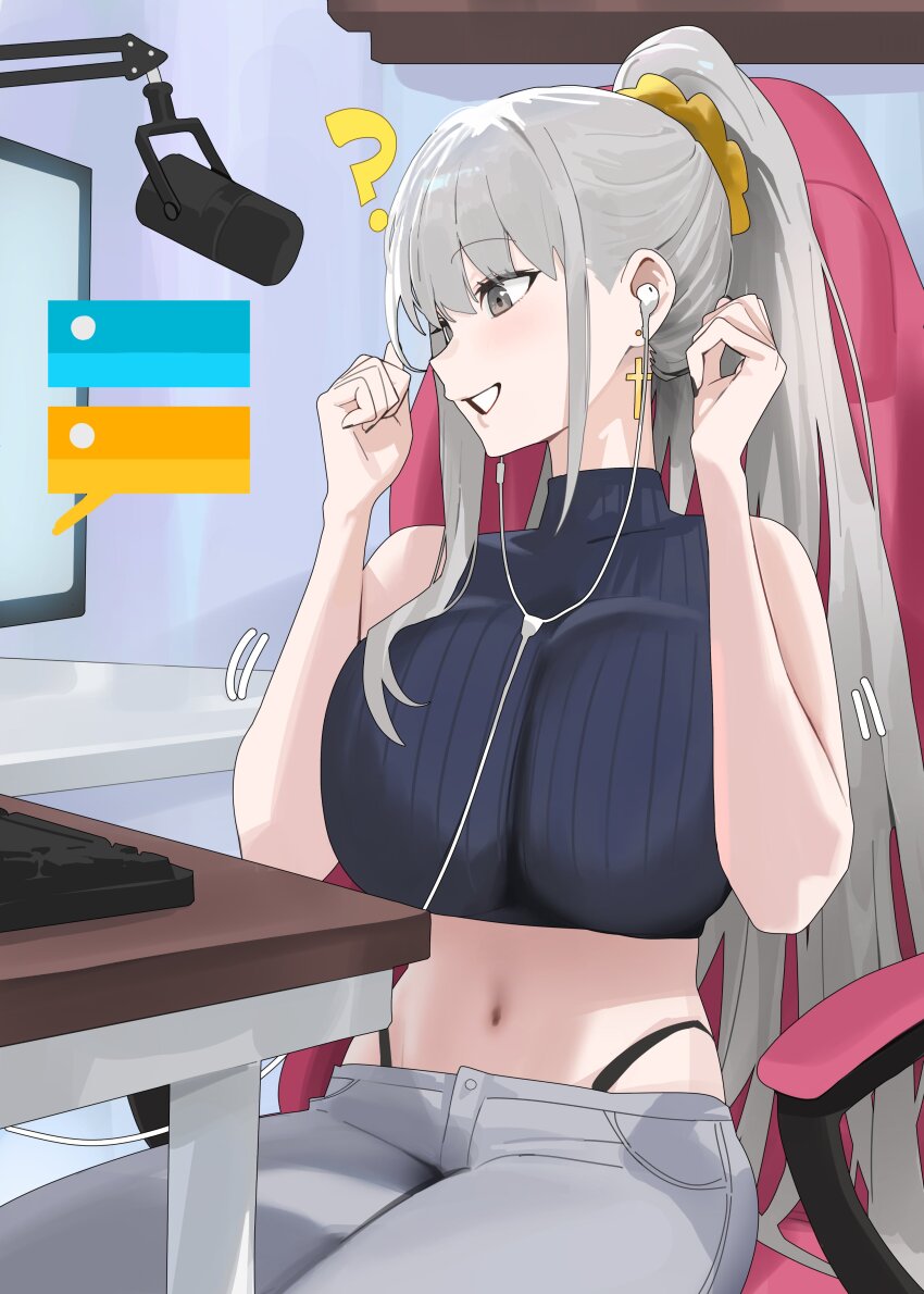 1girl ? absurdres breasts chair character_request computer_keyboard copyright_request cross cross_earrings desk earbuds earphones earrings gaming_chair grey_eyes grey_hair grey_pants highleg highleg_panties highres hood_(james_x) jewelry korean_commentary large_breasts long_hair microphone midriff monitor navel open_mouth panties pants panty_straps ponytail ribbed_sweater second-party_source sidelocks solo sweater swivel_chair underwear very_long_hair