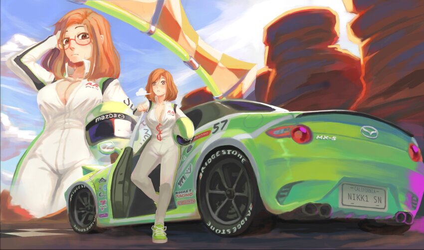 1girl alternate_costume blue_sky breasts breath brown_eyes brown_hair car cleavage cloud cloudy_sky eunos_roadster full_body green_car green_helmet hand_in_own_hair hand_up helmet highres jumpsuit large_breasts license_plate mazda motor_vehicle motorcycle_helmet multiple_views nikki_(swapnote) nintendo parted_bangs partially_unzipped race_vehicle racecar racing_suit red-framed_eyewear semi-rimless_eyewear short_hair sky sports_car standing swapnote unworn_headwear unworn_helmet vortexexe3 white_jumpsuit