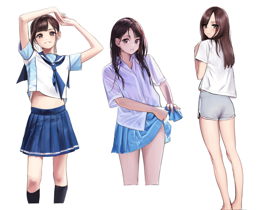 3girls arms_up ass barefoot black_socks blue_neckerchief blue_sailor_collar blue_skirt blunt_bangs brown_eyes brown_hair commentary deadnooodles grey_shorts hands_up highres kneehighs long_hair looking_at_viewer looking_back miniskirt multiple_girls neckerchief original parted_lips pleated_skirt sailor_collar school_uniform shirt short_sleeves shorts simple_background skirt socks symbol-only_commentary teeth wet wet_clothes wet_shirt wet_skirt white_background