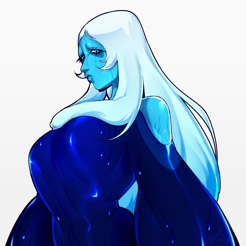 1girl alien blue_diamond_(steven_universe) blue_dress blue_eyes blue_skin breasts clothing_cutout colored_skin dress highres large_breasts long_hair looking_at_viewer looking_down print_dress sad shoulder_cutout simple_background solo standing steven_universe sugarspikes_(artist) upper_body wet white_background white_hair