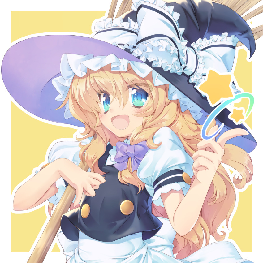 1girl alternate_eye_color apron aqua_eyes arm_strap bad_id bad_pixiv_id black_hat black_vest blonde_hair blue_eyes blush colorized commentary_request eyes_visible_through_hair flat_chest fluffy frilled_hat frilled_ribbon frills gradient_eyes green_eyes hair_between_eyes hair_ribbon hat hat_ribbon highres kirisame_marisa long_hair lucie multicolored_eyes open_mouth outline puffy_short_sleeves puffy_sleeves purple_ribbon ribbon shirt short_sleeves smile snapping_fingers solo star_(sky) suguni touhou tress_ribbon upper_body vest white_ribbon white_shirt witch_hat