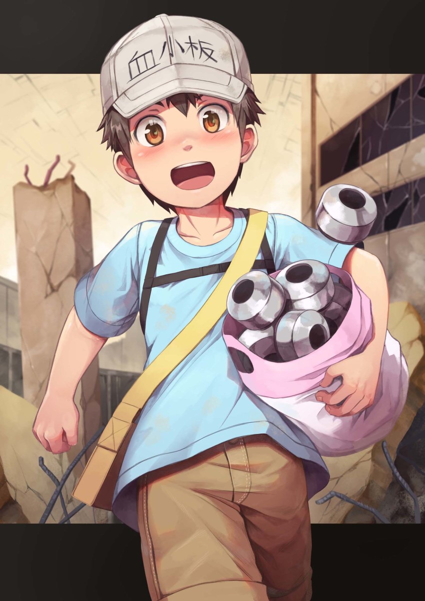 1boy absurdres bag baseball_cap blue_shirt blush brown_eyes brown_hair brown_shorts child daikung hat hataraku_saibou headwear_writing highres holding holding_bag looking_at_viewer male_focus messenger_bag open_mouth platelet_(hataraku_saibou) shirt short_sleeves shorts shoulder_bag smile solo