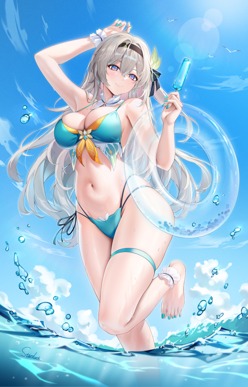 1girl absurdres alternate_costume ankle_wrap aqua_bikini arm_up bikini bird black_hairband blue_sky blurry blush bokeh breasts cleavage closed_mouth commentary_request day depth_of_field firefly_(honkai:_star_rail) food grey_hair hair_between_eyes hair_ornament hairband has_bad_revision has_downscaled_revision highleg highleg_bikini highres holding holding_food holding_popsicle honkai:_star_rail honkai_(series) large_breasts long_hair looking_at_viewer md5_mismatch navel ocean one_side_up paid_reward_available partial_commentary popsicle purple_eyes resolution_mismatch seagull shallow_water single_bare_arm single_bare_shoulder skindentation sky smile solo source_smaller standing standing_on_one_leg stardust_(chen&#039;ai_weiding) stomach sunlight swimsuit thigh_strap thighs transparent_innertube water wrist_wrap