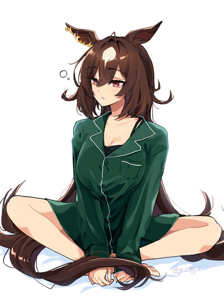 1girl animal_ears barefoot black_shirt breast_pocket breasts brown_hair camisole cleavage closed_mouth full_body green_shirt green_skirt hair_between_eyes highres horse_ears horse_girl horse_tail indian_style long_hair long_sleeves medium_breasts pocket red_eyes shirt simple_background sirius_symboli_(umamusume) sitting skirt sleepwear sleepy solo squeans tail toji_(y2toj2) twitter_username umamusume watermark white_background