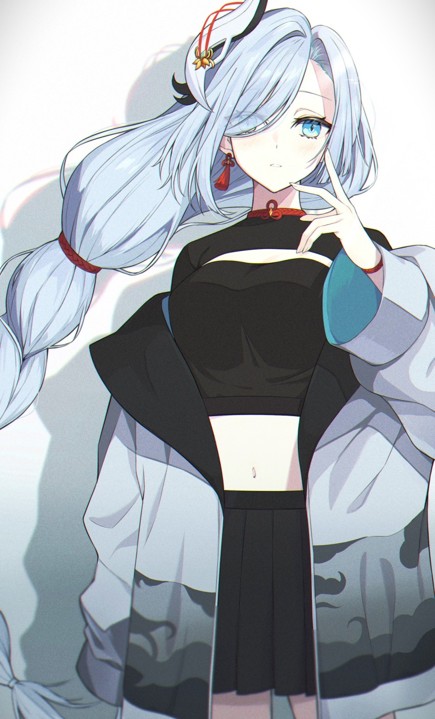 1girl absurdres black_skirt blue_eyes blush braid breasts crop_top earrings genshin_impact gradient_eyes grey_hair hair_ornament hair_over_one_eye highres jacket jewelry kake_udon large_breasts long_hair looking_at_viewer low-braided_long_hair low-tied_long_hair multicolored_eyes navel off_shoulder one_eye_covered open_clothes open_jacket pleated_skirt shenhe_(genshin_impact) simple_background skirt tassel tassel_earrings very_long_hair white_hair