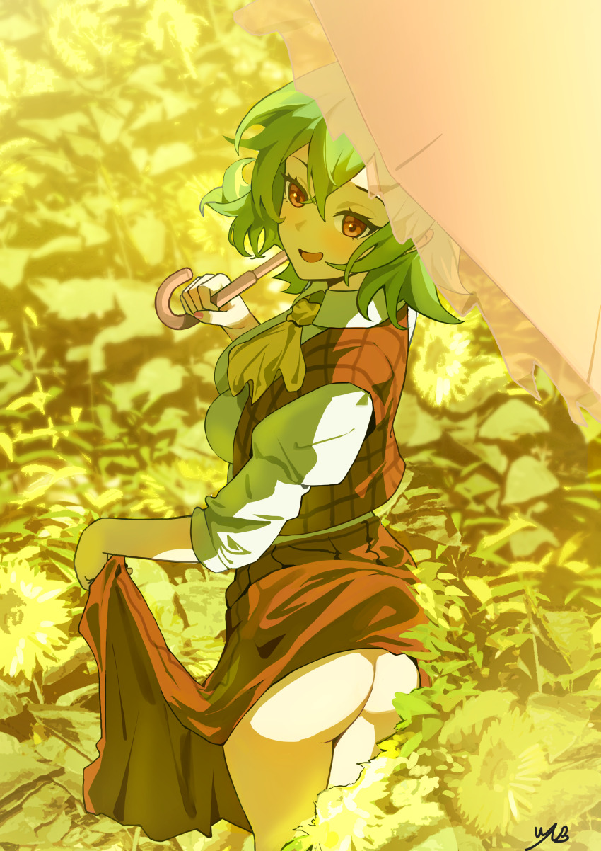 1girl absurdres ascot ass blush breasts clothes_lift collared_shirt commentary_request cowboy_shot field flower flower_field from_behind garden_of_the_sun green_hair highres holding holding_umbrella kazami_yuuka long_sleeves looking_at_viewer looking_back medium_breasts no_panties open_clothes open_mouth open_vest parasol pink_umbrella plaid_clothes plaid_skirt plaid_vest red_eyes red_skirt red_vest shirt short_hair skirt skirt_lift skirt_set smile solo sunflower touhou umbrella vest vyun white_shirt yellow_ascot