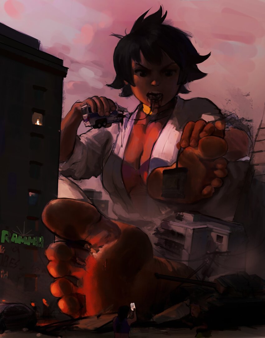 1girl artist_name barefoot biting black_hair breasts bus city cleavage dark-skinned_female dark_skin destruction dougi foot_focus foreshortening giant giantess graffiti karate_gi makoto_(street_fighter) martial_arts_belt mini_person motor_vehicle outdoors rammzi short_hair sky soles street_fighter toes