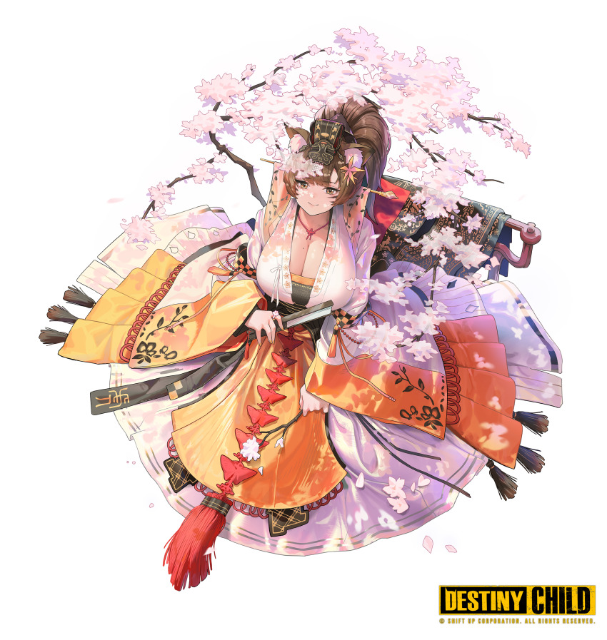 1girl absurdres animal_ear_fluff animal_ears breasts brown_eyes brown_hair cherry_blossoms chinese_clothes cleavage closed_mouth copyright_name destiny_child dress flower folded_fan folding_fan full_body hair_flower hair_ornament hand_fan highres holding holding_fan jewelry logo long_dress long_sleeves looking_at_viewer ponytail rani_(destiny_child) ring simple_background smile solo tassel white_background wide_sleeves wonchun