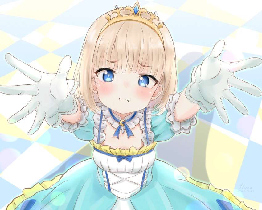 1girl blonde_hair blue_dress blue_eyes blush bob_cut bubble_skirt checkered_floor closed_mouth diadem dress fluno frilled_dress frills gloves highres looking_at_viewer medium_hair mia_luna_tearmoon outstretched_arm outstretched_arms pout puffy_short_sleeves puffy_sleeves reaching reaching_towards_viewer short_sleeves skirt solo standing tearmoon_teikoku_monogatari white_gloves