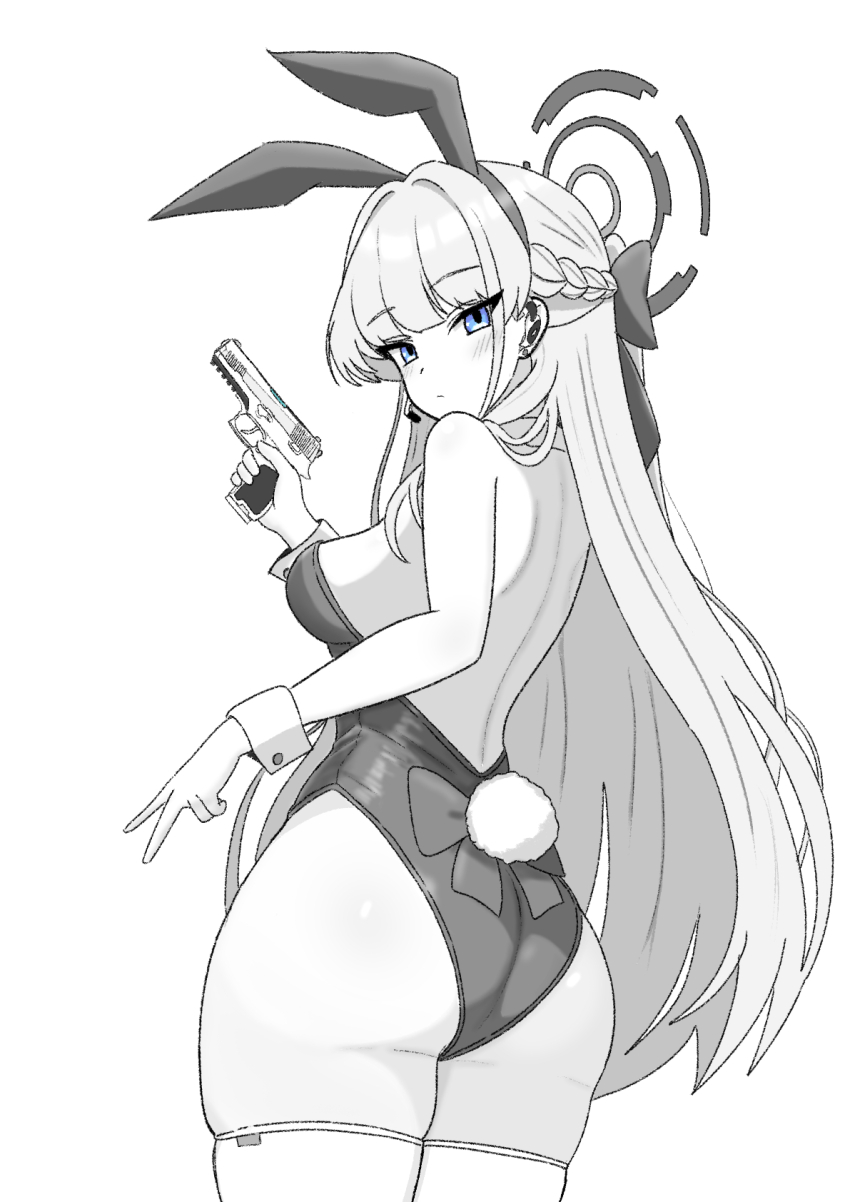 1girl animal_ear_hairband animal_ears bare_back bare_shoulders black_hairband black_leotard blue_archive blush bow braid dress_bow fake_animal_ears from_behind greyscale gun hair_between_eyes hair_bow hairband handgun highres holding holding_gun holding_weapon kkytama0222 leotard long_hair looking_at_viewer looking_back monochrome playboy_bunny rabbit_ear_hairband rabbit_ears sidelocks thighhighs toki_(blue_archive) toki_(bunny)_(blue_archive) v weapon white_thighhighs wrist_cuffs