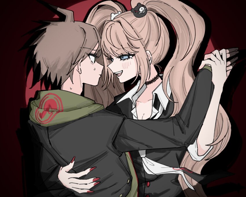 1boy 1girl :d bear_hair_ornament black_background black_necktie black_shirt blonde_hair blush dancing danganronpa:_trigger_happy_havoc danganronpa_(series) enoshima_junko eye_contact green_jacket hair_ornament hand_on_another&#039;s_back highres holding_hands hood hood_down jacket looking_at_another naegi_makoto nail_polish necktie open_mouth raamensusure red_background red_nails shirt smile sweat teeth twintails upper_body upper_teeth_only white_necktie