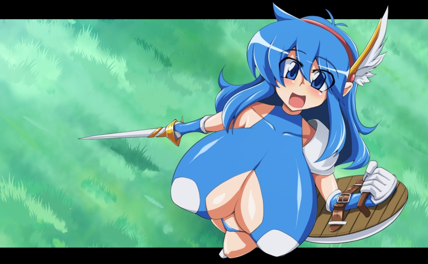 blue_eyes blue_hair breasts character_request cleavage cleavage_cutout clothing_cutout hairband huge_breasts looking_at_viewer regls shield smile source_request sword tecna_(yumura_kino) weapon