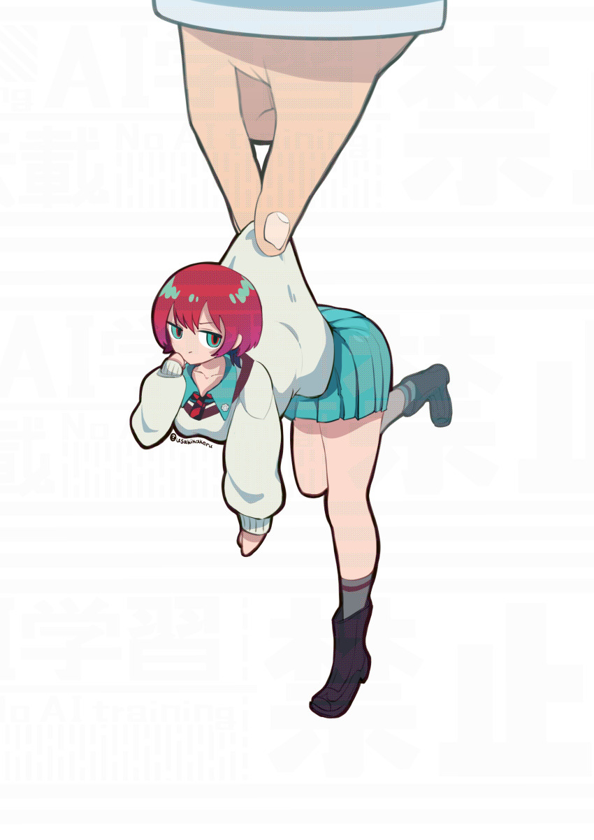 1girl amate_yuzuriha aqua_eyes boots gundam gundam_gquuuuuux hair_between_eyes holding mini_person minigirl necktie pleated_skirt red_hair shirt_under_sweater short_hair skirt solo sweater