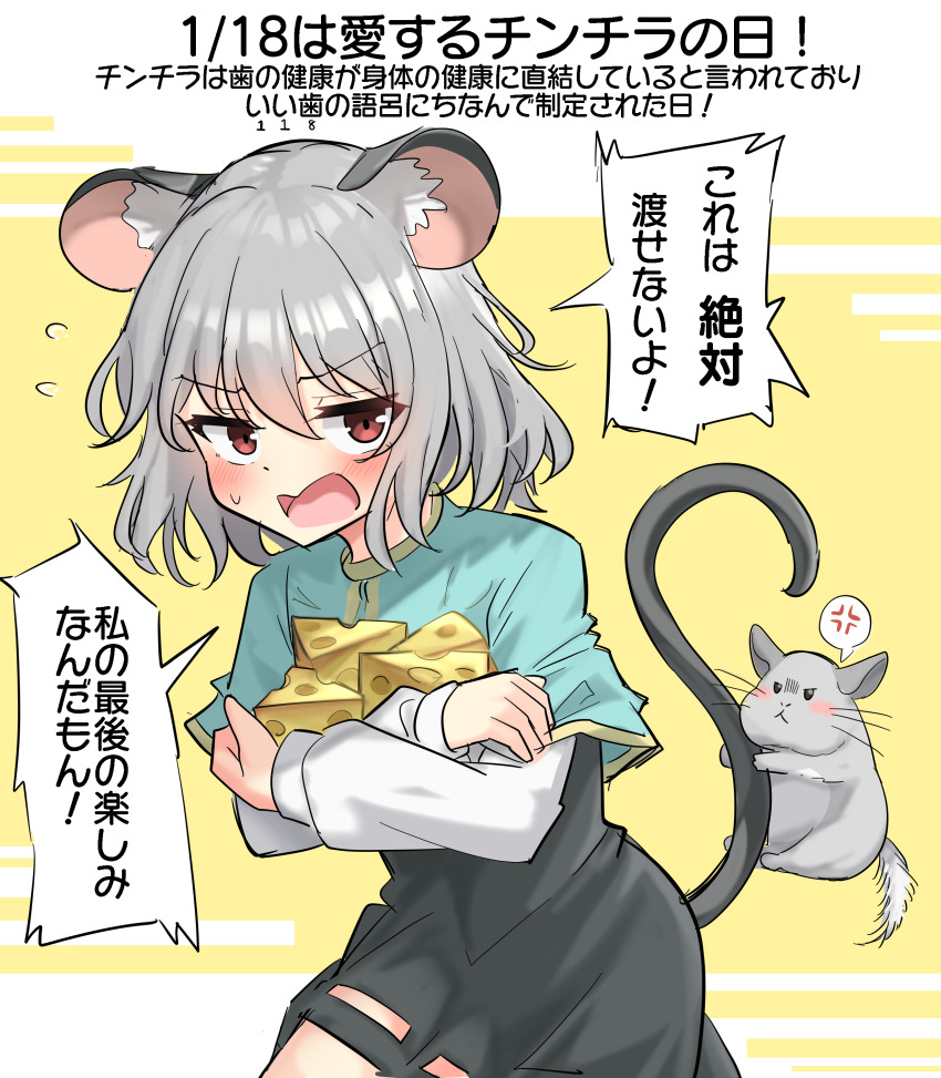 1girl absurdres anger_vein animal_ear_fluff animal_ears black_dress blue_capelet blush capelet cheese chinchilla_(animal) commentary_request dress flying_sweatdrops food grey_hair highres long_sleeves mouse_ears mouse_girl mouse_tail nazrin open_mouth red_eyes solo speech_bubble spoken_anger_vein swiss_cheese tail touhou translation_request youmu-kun