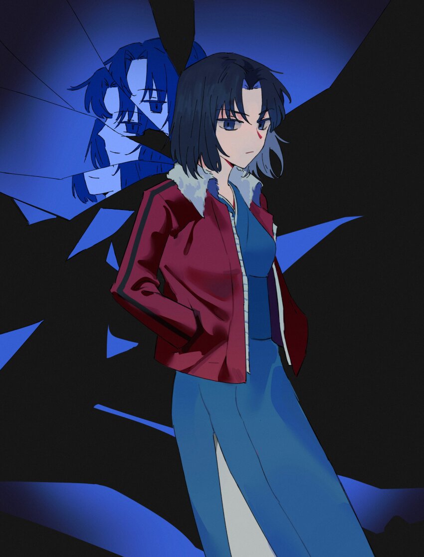 1girl absurdres black_eyes black_hair blue_kimono closed_mouth expressionless floating_hair fur-trimmed_jacket fur_trim hands_in_pockets hashtag-only_commentary highres jacket japanese_clothes kara_no_kyoukai kimono long_sleeves looking_at_viewer millonview619 open_clothes open_jacket parted_bangs red_jacket ryougi_shiki short_hair solo