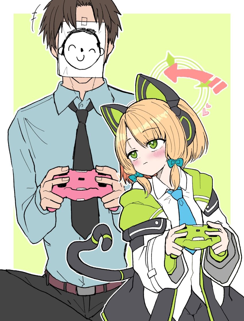 1boy 1girl animal_ear_headphones animal_ears doodle_sensei_(blue_archive) arrow_(symbol) belt black_necktie black_pants blonde_hair blue_archive blue_necktie brown_hair cat_ear_headphones cat_tail collared_shirt commentary_request controller fake_animal_ears fake_tail game_controller green_eyes halo headphones heart highres holding holding_controller holding_game_controller jacket long_sleeves midori_(blue_archive) necktie off_shoulder open_clothes open_jacket pants playing_games ririfu sensei_(blue_archive) shirt short_hair simple_background sitting tail white_shirt